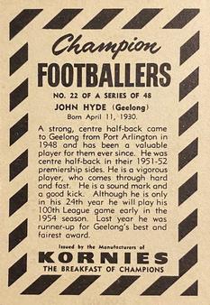 1954 Kornies Champion Footballers #22 John Hyde Back